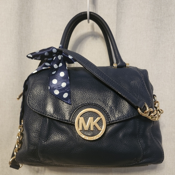 Michael Michael Kors Fulton Leather Satchel Navy Pebbled Leather $398 Retail